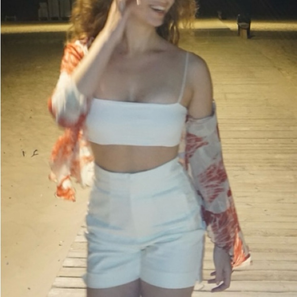 White Crop Top and Shorts Set with Floral Cover-Up